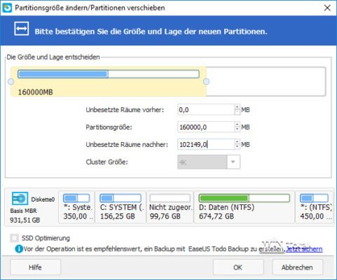 Change the size of the partition